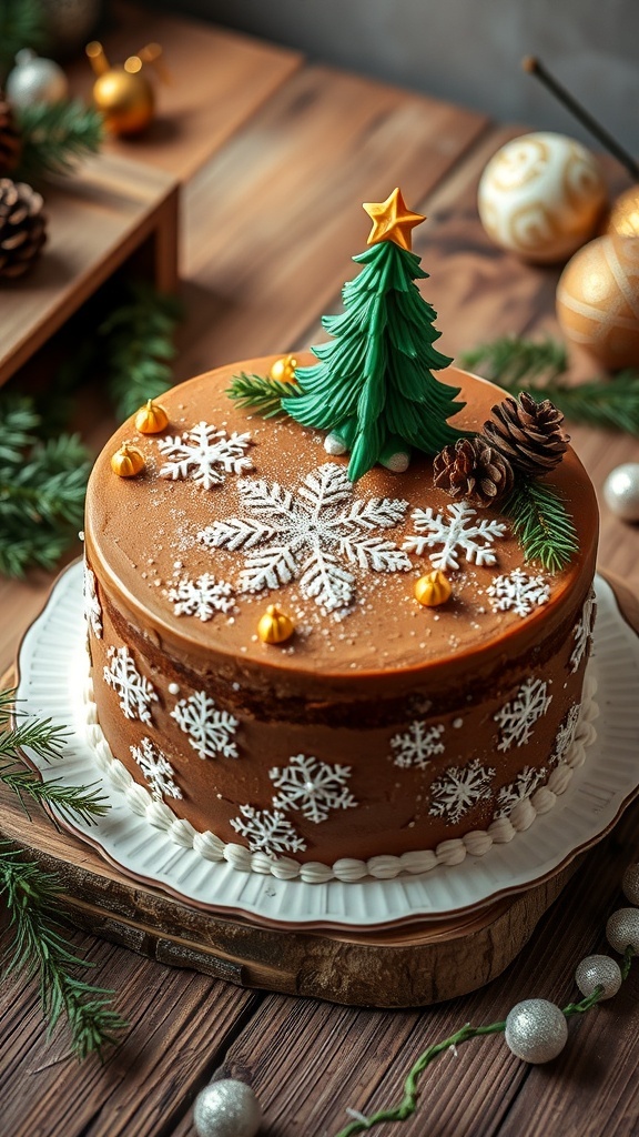 A festive Christmas cake with snowflake decorations, fresh fruits, and glitter on a wooden table.